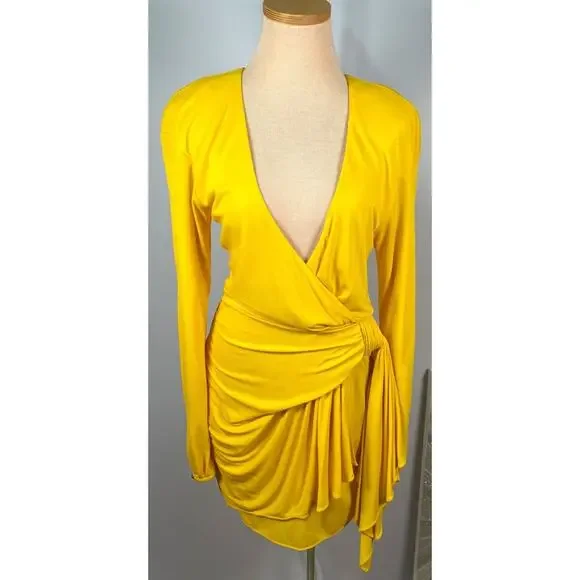 Dundas Yellow Beau Faux Wrap Long Sleeve Plunging V Neck Mini Dress Size 2 - Picture 5 of 13